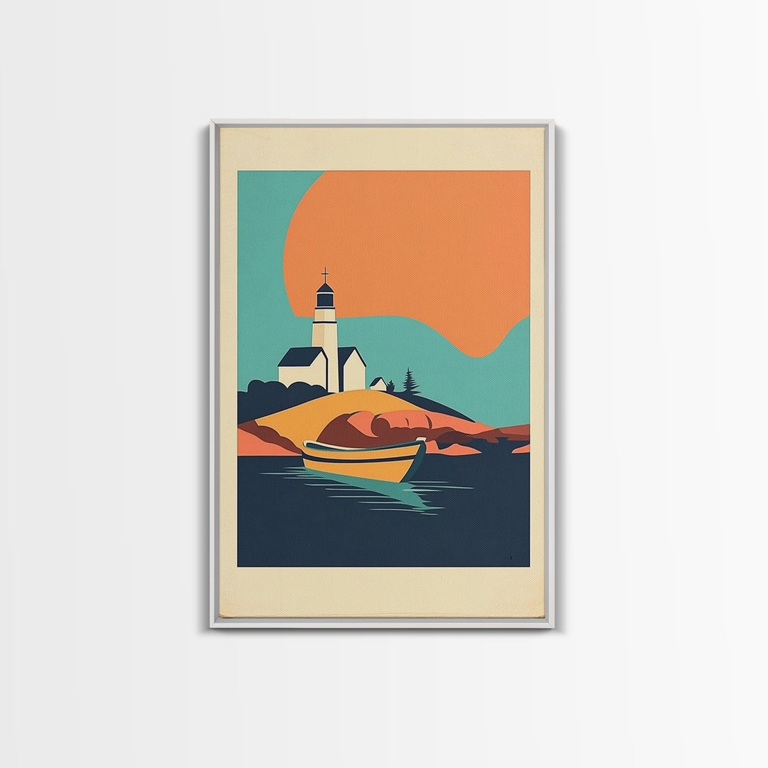 Lighthouse Cove With Rowboat Framed Canvas Print, Coastal Wall Art, Nautical Lake House Decor, Sunset Travel Poster Gift