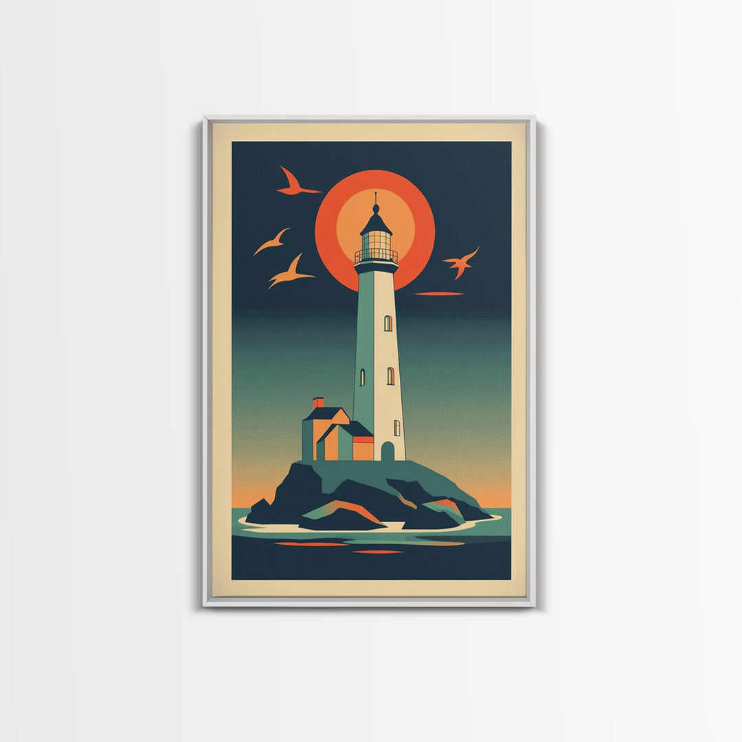 Retro Lighthouse At Sunset With Orange Sun And Seabirds Wall Art, Coastal Wall Decor, Nautical Art Print, Beach House Decor