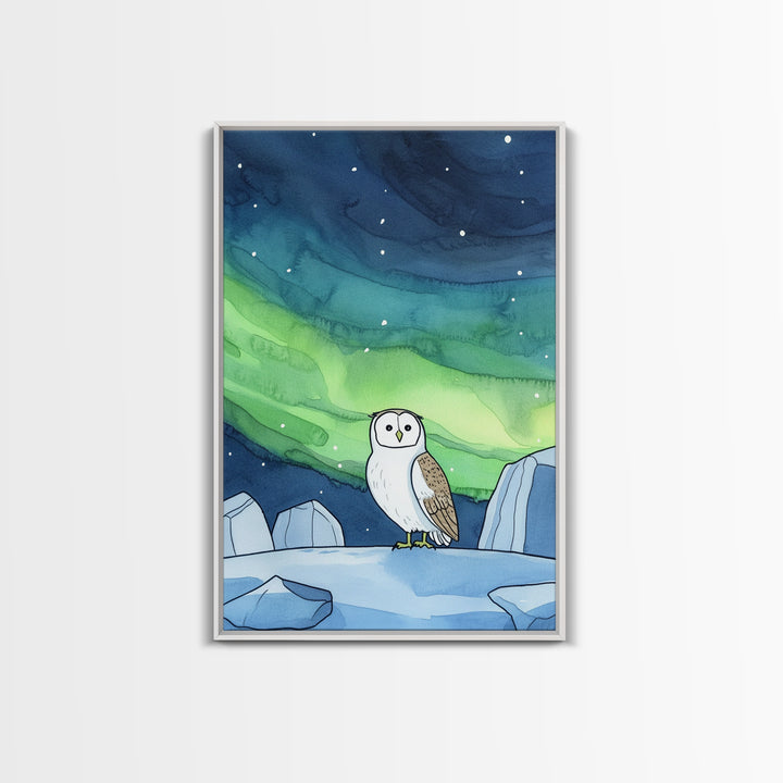 Snowy Owl Under Northern Lights Wall Art, Aurora Sky Canvas Print, Celestial Wall Decor, Arctic Nursery Art, Nature Gift
