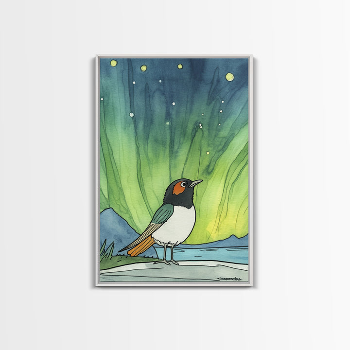Robin Bird Beneath Green Northern Lights Canvas Print, Aurora Wall Art, Celestial Decor, Nature Wall Decor, Whimsical Art