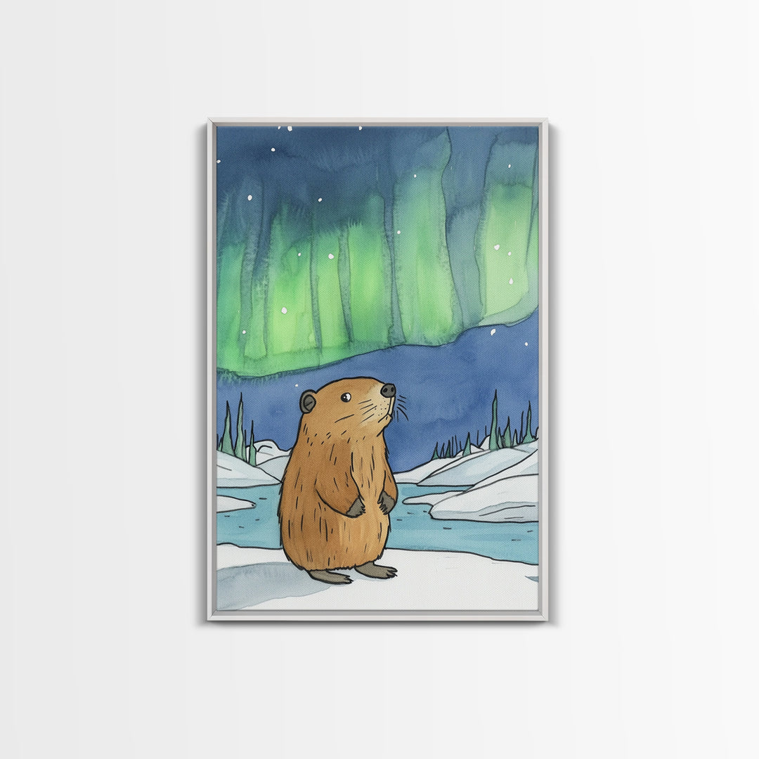 Whimsical Beaver Aurora Wall Art, Northern Lights Animal Print, Winter Nursery Decor, Woodland Animal Gift, Cozy Kids Room Decor