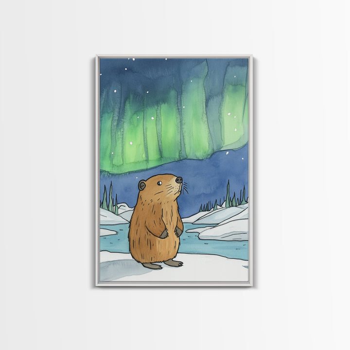 Whimsical Beaver Aurora Wall Art, Northern Lights Animal Print, Winter Nursery Decor, Woodland Animal Gift, Cozy Kids Room Decor