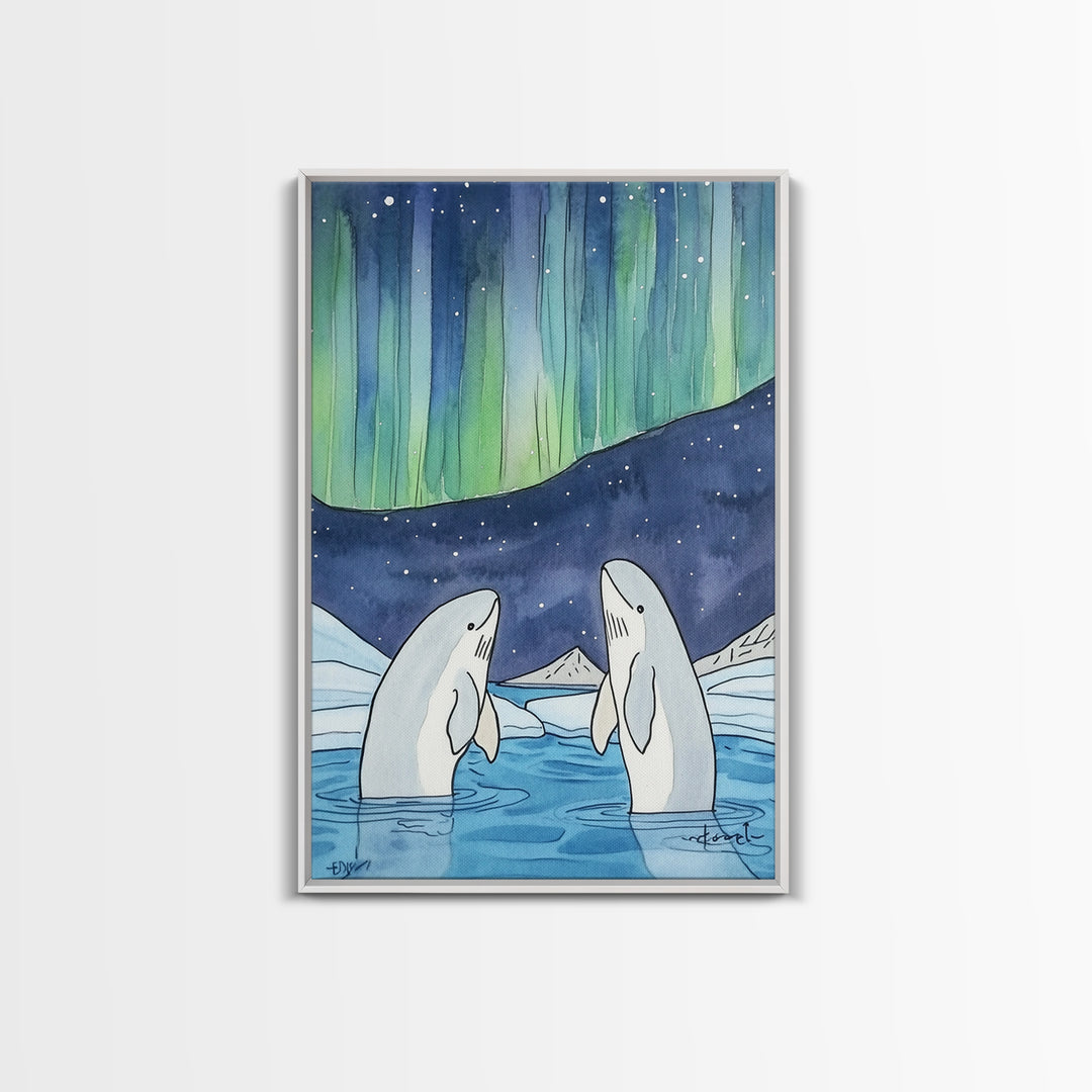 Northern Lights Beluga Whales Canvas Print, Aurora Borealis Ocean Wall Art, Arctic Nursery Decor, Coastal Wall Decor, Gift For Her