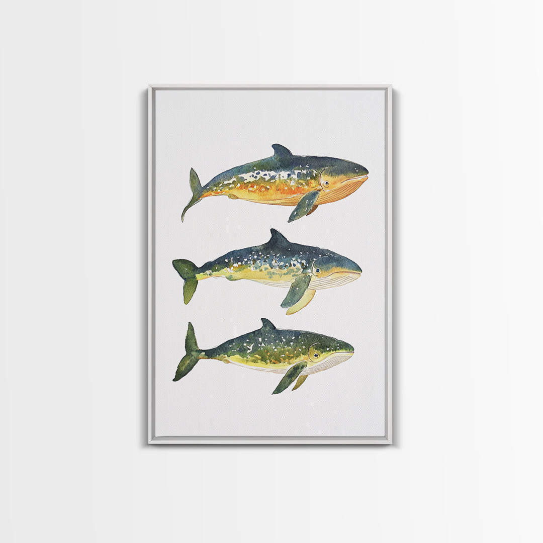 Three Colorful Whales Canvas Print, Marine Life Wall Art, Ocean Animal Art Print, Coastal Nursery Decor, Whale Lover Gift