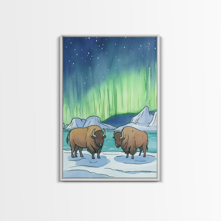 Aurora Bison In Snow Framed Canvas Print, Northern Lights Wall Art, Rustic Wildlife Art, Winter Nature Decor, Cabin Decor