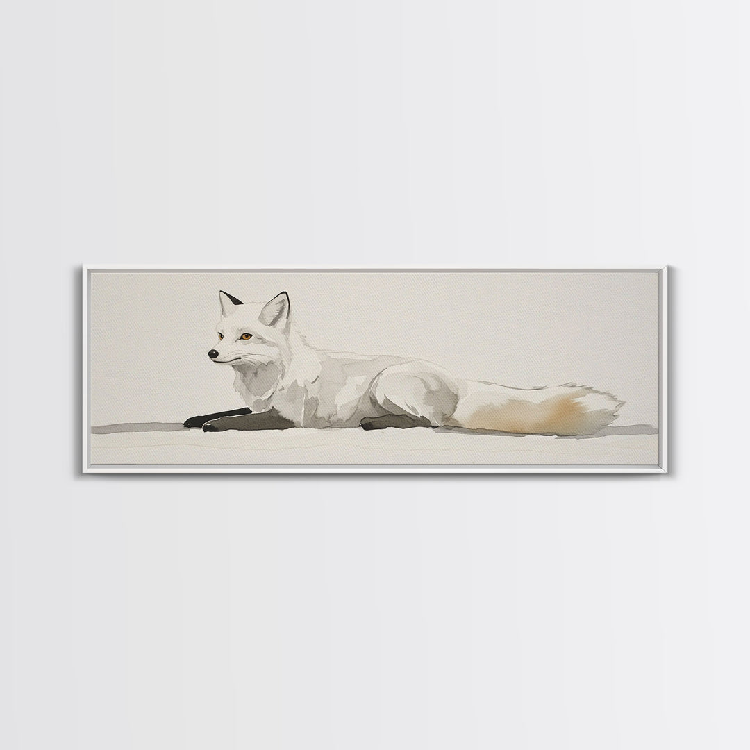 White Arctic Fox Minimalist Wall Art, Neutral Wildlife Canvas Print, Scandinavian Woodland Decor, Serene Animal Art Gift