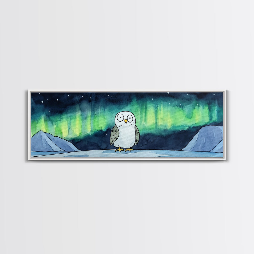 Northern Lights Owl Wall Art, Aurora Borealis Canvas Print, Whimsical Arctic Animal Decor, Kids Room Nursery Art Gift For Kids