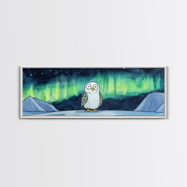 Northern Lights Owl Wall Art, Aurora Borealis Canvas Print, Whimsical Arctic Animal Decor, Kids Room Nursery Art Gift For Kids