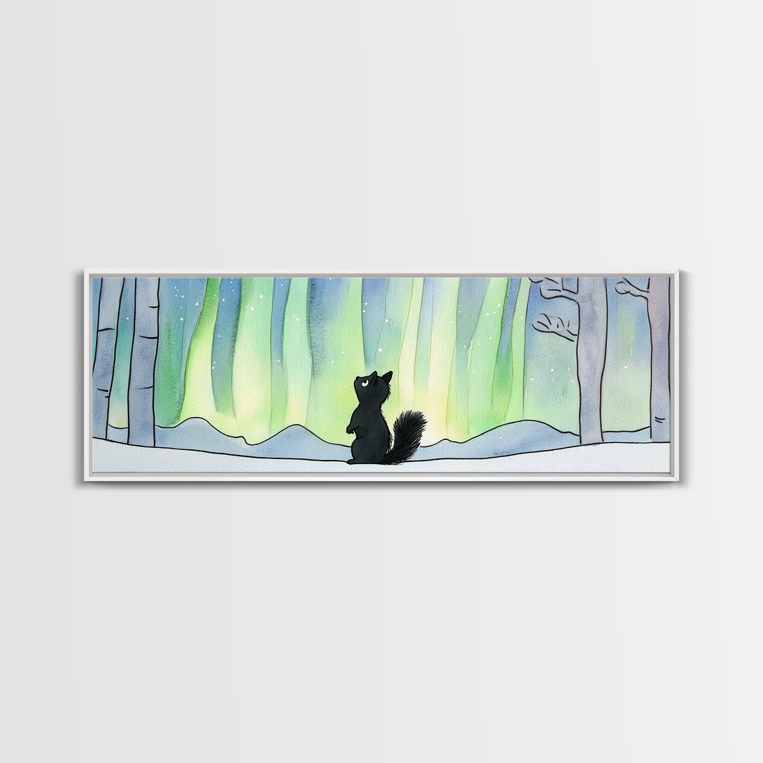 Black Squirrel Under Aurora Forest Wall Art, Winter Woodland Animal Print, Cute Nursery Decor, Northern Lights Wall Decor