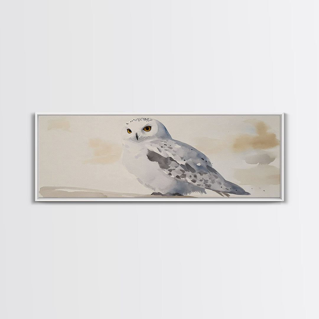Snowy Owl In Soft Beige Sky Framed Canvas Print, Arctic Bird Wall Art, Neutral Wildlife Decor, Minimalist Nature Print Gift