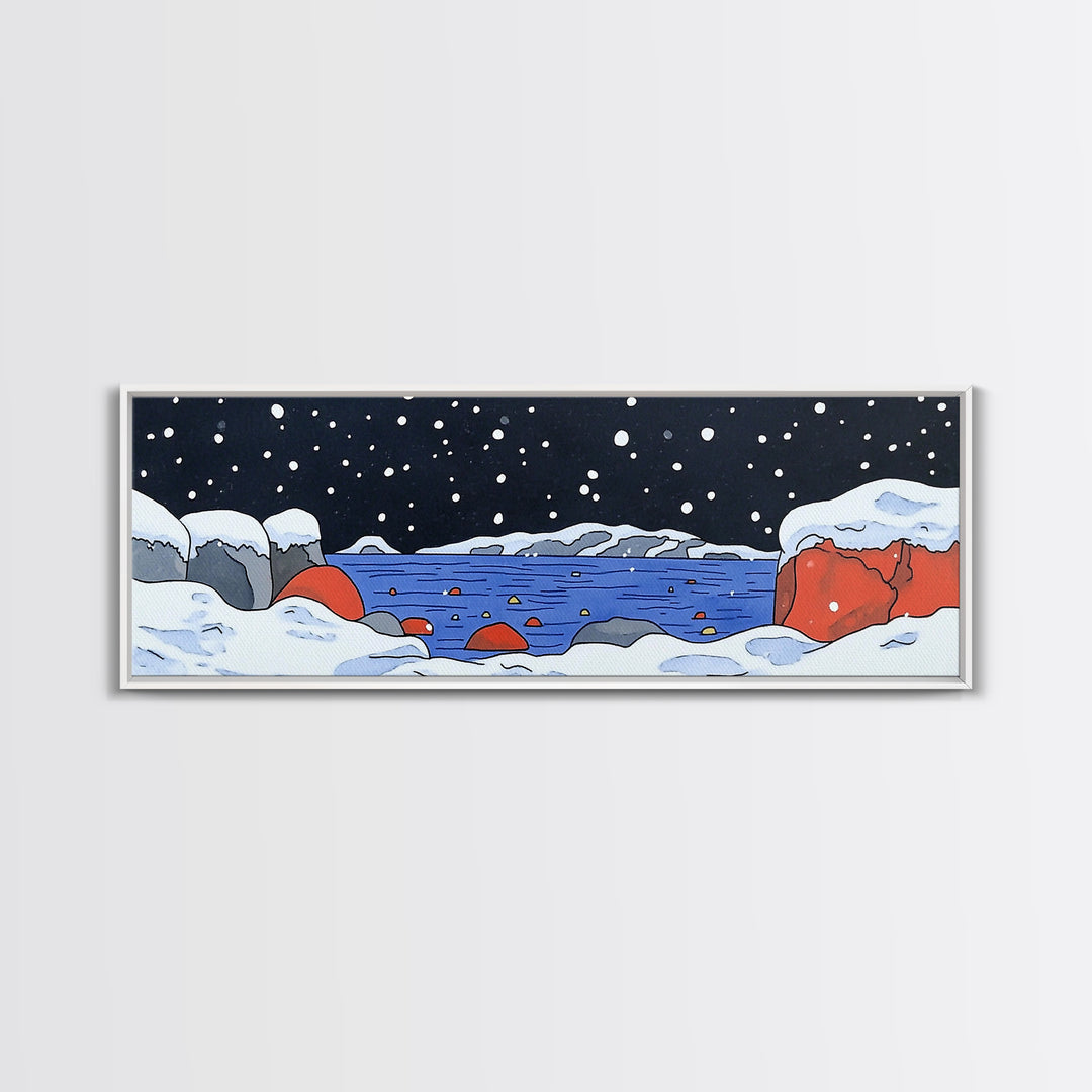 Snowy Arctic Cove With Red Rocks Wall Art, Winter Seascape Canvas Print, Coastal Landscape Decor, Ocean Art Print Home Decor