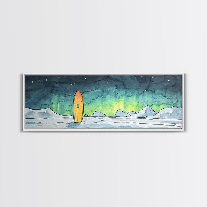 Aurora Surfboard Arctic Mountains Wall Art, Panoramic Canvas Print, Coastal Cabin Decor, Winter Landscape Gift For Beach House