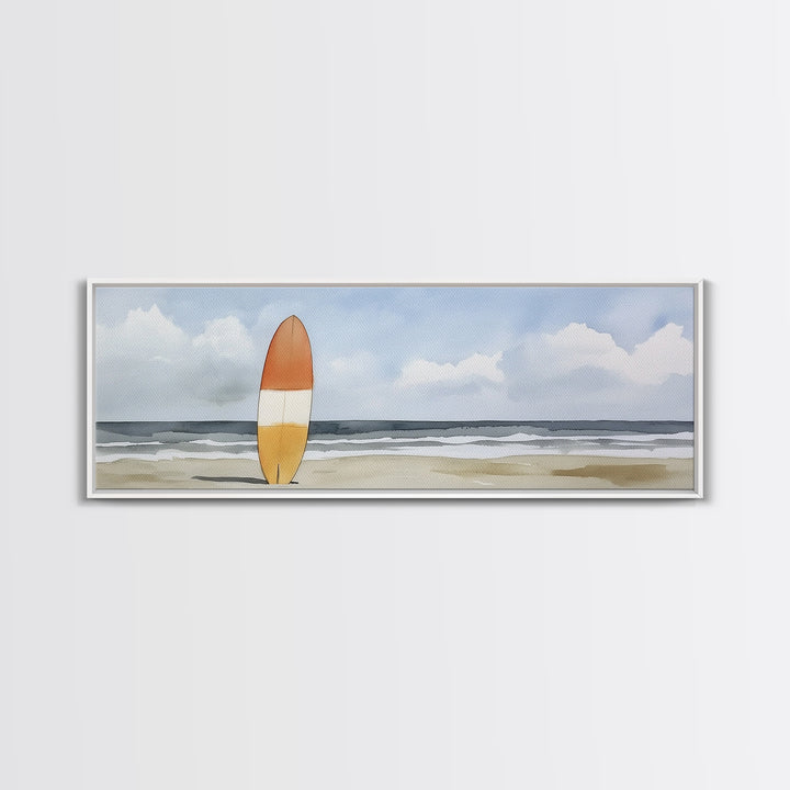 Orange Surfboard On Misty Beach Wall Art, Framed Canvas Print, Coastal Wall Decor, Surf Poster For Beach House Decor Living Room Art