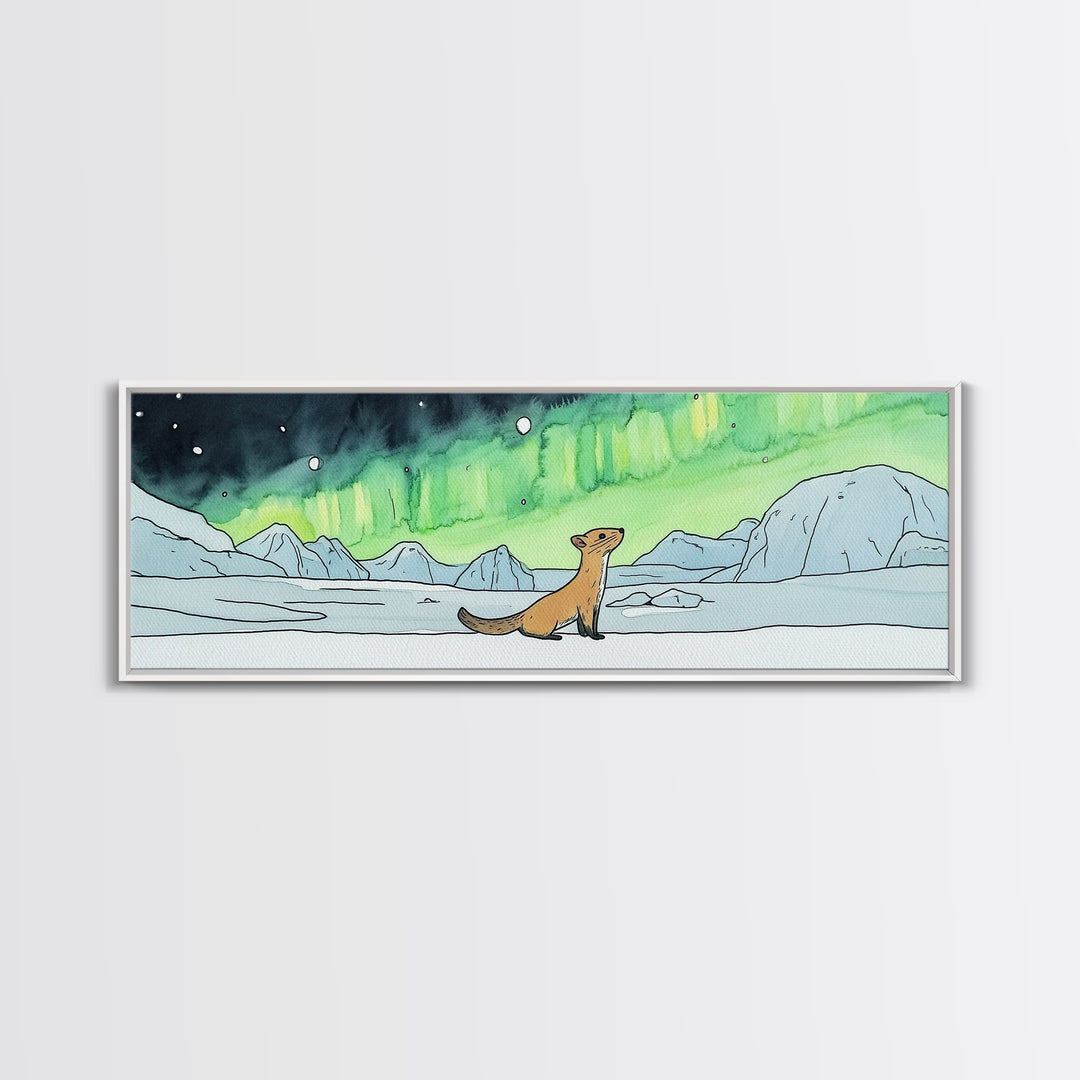 Playful Arctic Weasel Under Aurora Wall Art, Framed Canvas Print, Wildlife Wall Decor, Whimsical Nursery Art Gift For Kids Room