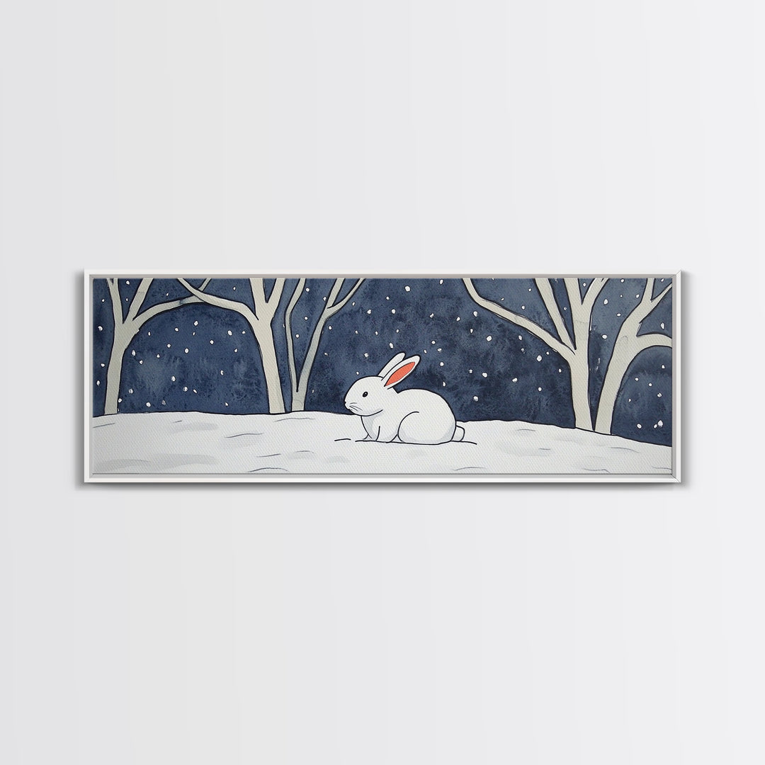 White Rabbit In Snowy Forest Wall Art, Framed Canvas Print, Woodland Nursery Decor, Whimsical Animal Art For Kids Room Gift