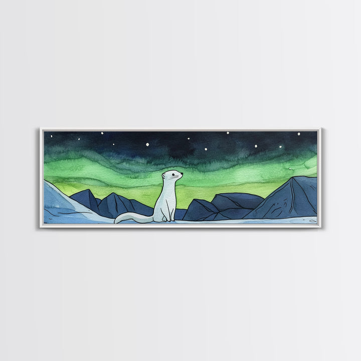 White Arctic Ermine Aurora Mountains Wall Art, Panoramic Canvas Print, Wildlife Wall Decor, Winter Nursery Art For Kids Room