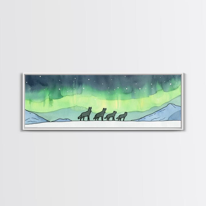 Howling Wolves Beneath Northern Lights Wall Art, Wildlife Canvas Print, Winter Mountain Decor, Aurora Landscape Print, Cabin Art