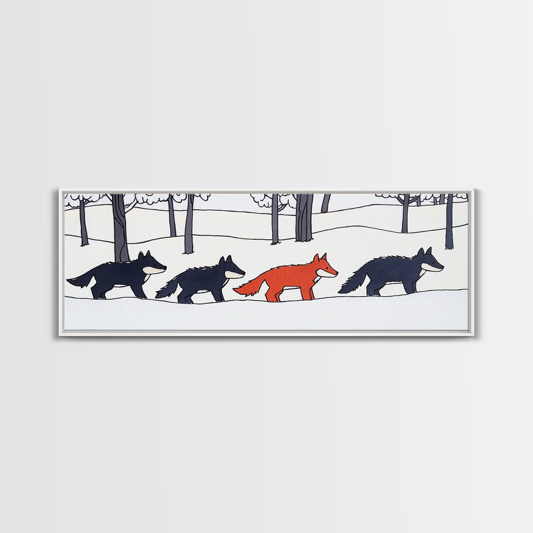 Red Fox Walking With Black Wolves Wall Art, Woodland Animal Canvas Print, Snowy Forest Nursery Decor, Whimsical Wildlife Art
