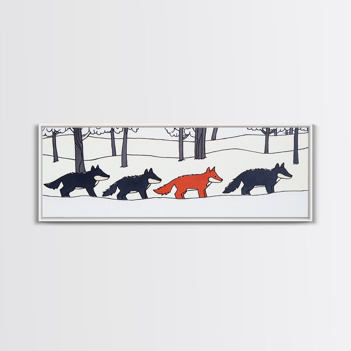 Red Fox Walking With Black Wolves Wall Art, Woodland Animal Canvas Print, Snowy Forest Nursery Decor, Whimsical Wildlife Art