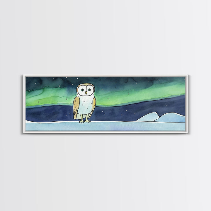 Whimsical Barn Owl Under Aurora Wall Art, Arctic Night Canvas Print, Nursery Decor, Celestial Kids Room Gift, Bedroom Decor