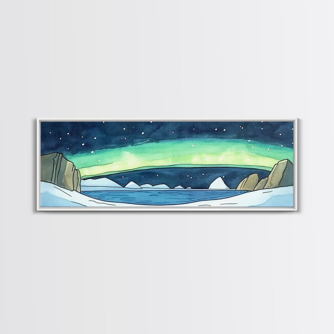 Arctic Aurora Over Icy Sea Wall Art, Northern Lights Landscape Canvas Print, Panoramic Coastal Decor, Statement Artwork Gift