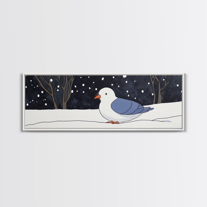 Snowy White Bird In Winter Forest Wall Art, Cozy Nursery Decor, Scandinavian Nature Print, Minimalist Bedroom Poster Gift