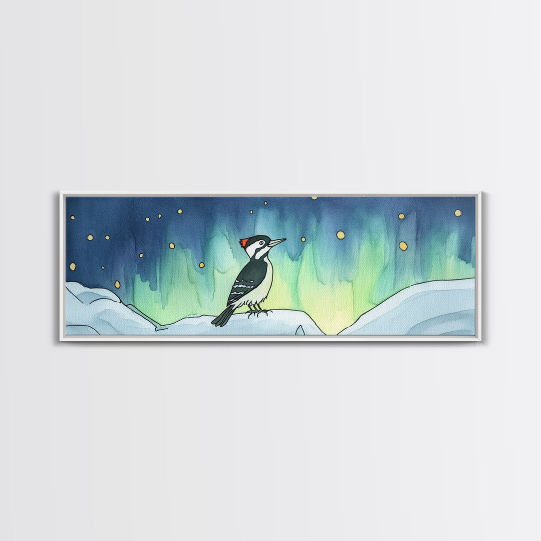 Aurora Woodpecker On Snowy Branch Canvas Print, Nordic Bird Wall Decor, Wildlife Art Print, Winter Nursery Decor Gift For Bird Lovers