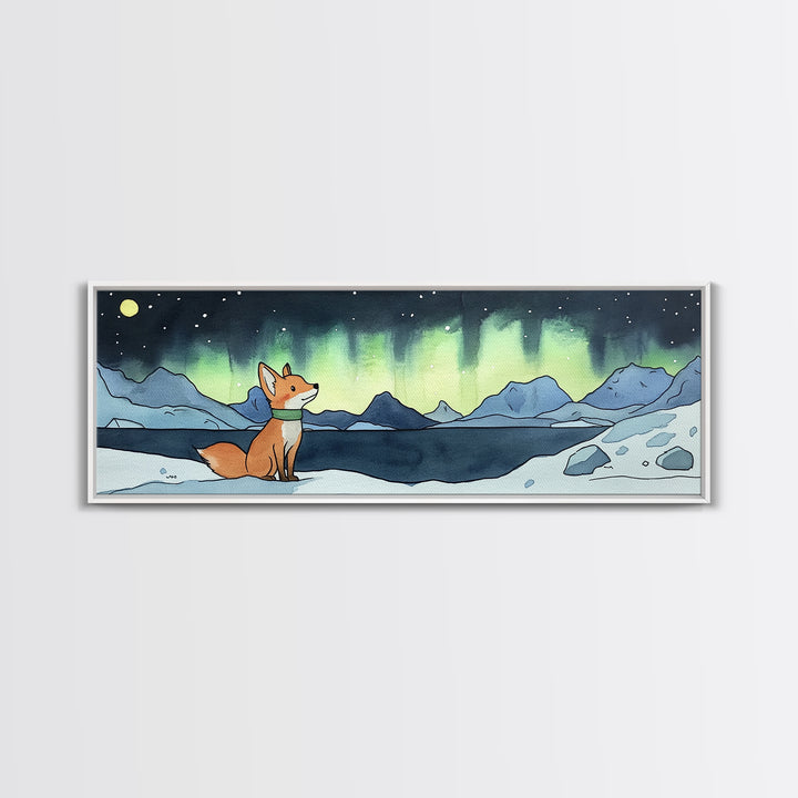 Fox Under Northern Lights By Mountain Lake Wall Art, Winter Landscape Print, Woodland Animal Decor, Cozy Cabin Gift For Nature Lovers