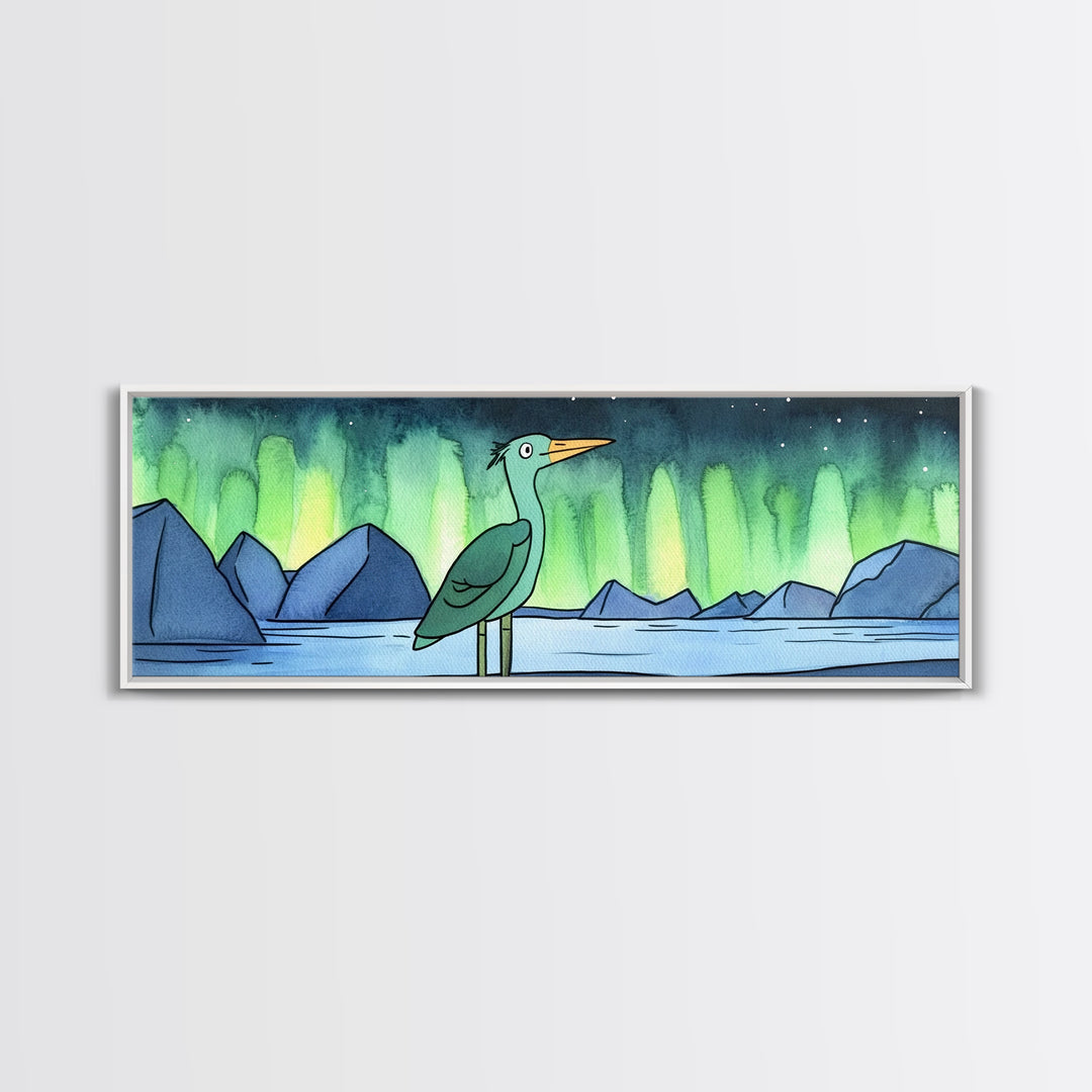 Green Heron Beneath Northern Lights Canvas Print, Arctic Lake Landscape Wall Decor, Japandi Bird Art, Modern Nursery Gift