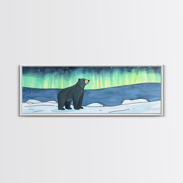 Polar Bear Under Northern Lights Wall Art, Arctic Wildlife Print, Winter Nursery Decor, Blue Green Landscape Gift For Cabin Decor