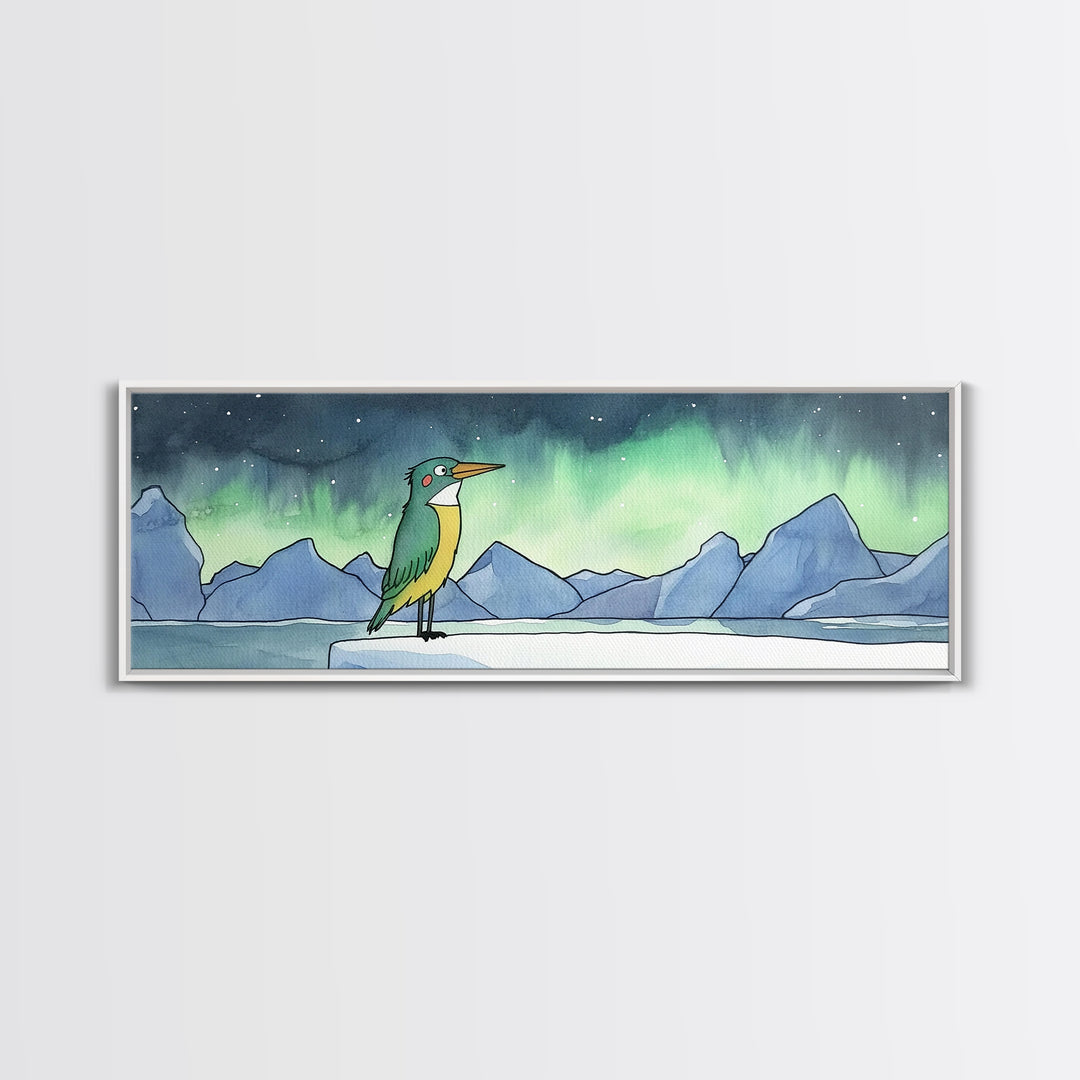 Green Kingfisher Under Northern Lights Wall Art, Arctic Bird Canvas Print, Wildlife Nursery Decor, Mountain Lake Art Print