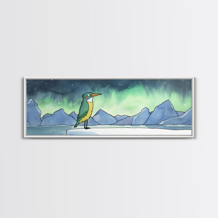 Green Kingfisher Under Northern Lights Wall Art, Arctic Bird Canvas Print, Wildlife Nursery Decor, Mountain Lake Art Print
