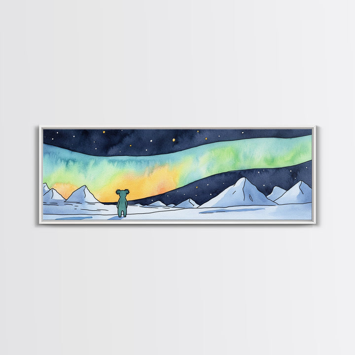 Tiny Bear Watching Aurora Canvas Print, Northern Lights Wall Art, Arctic Nursery Decor, Whimsical Winter Landscape Art Print
