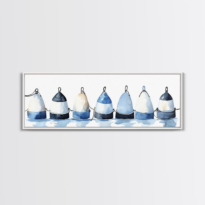 Blue And White Fishing Buoys Wall Art, Nautical Canvas Print, Coastal Bathroom Decor, Beach House Gallery Print, Ocean Wall Decor