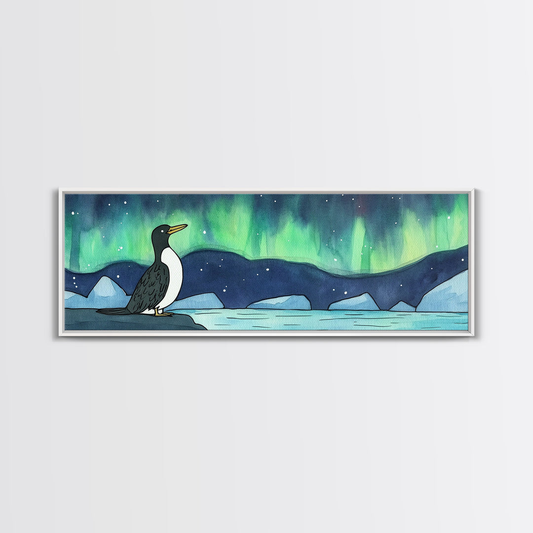 Penguin Under Northern Lights Wall Art, Arctic Bird Canvas Print, Whimsical Nursery Decor, Winter Ocean Landscape Art Print
