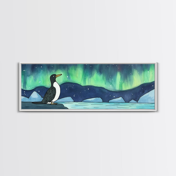 Penguin Under Northern Lights Wall Art, Arctic Bird Canvas Print, Whimsical Nursery Decor, Winter Ocean Landscape Art Print
