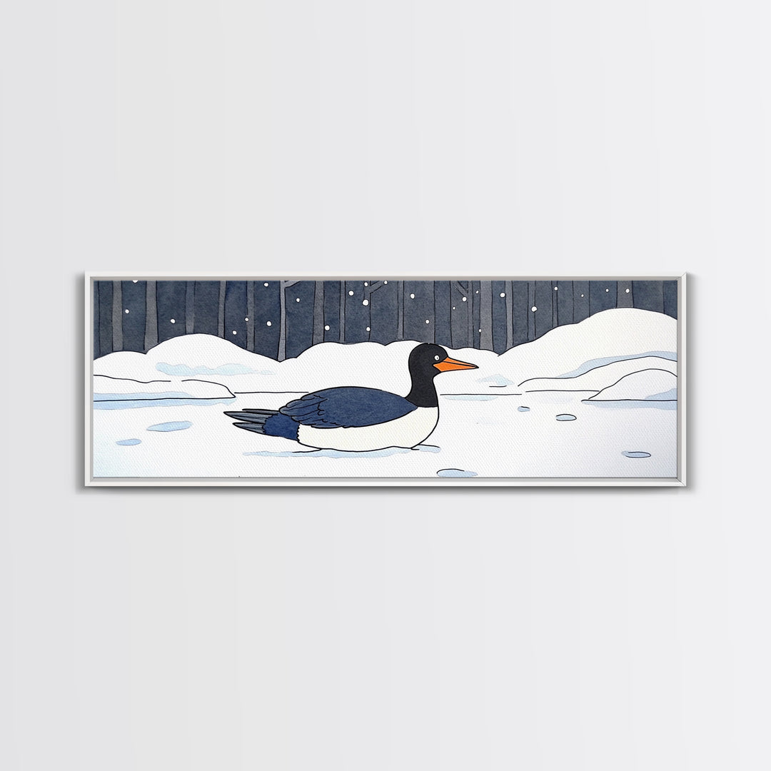 Black And White Duck In Snow Wall Art, Winter Bird Canvas Print, Minimalist Nursery Decor, Cozy Lake House Wildlife Art Print