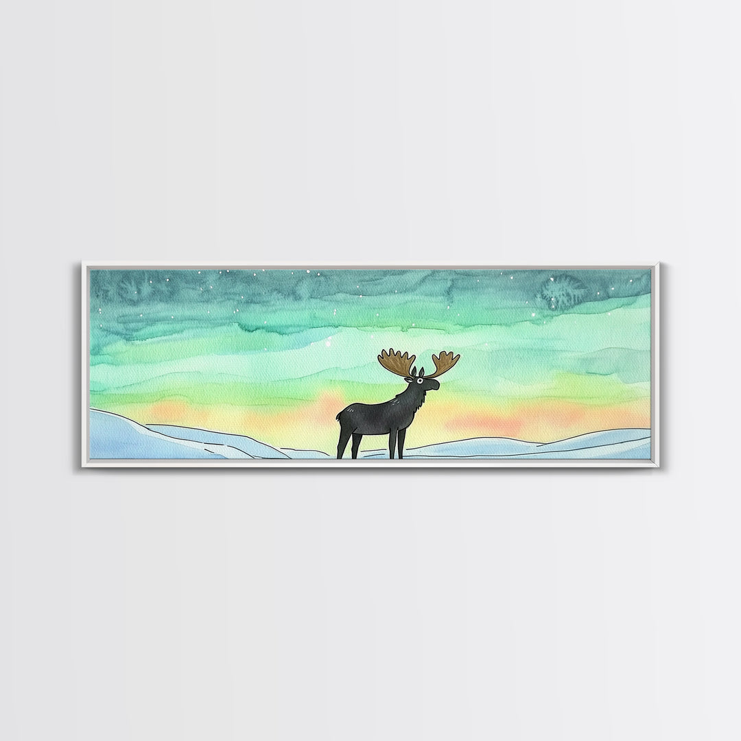 Moose Beneath Northern Lights Framed Canvas Print, Aurora Borealis Wall Art, Winter Wildlife Decor, Cabin Nursery Art Gift
