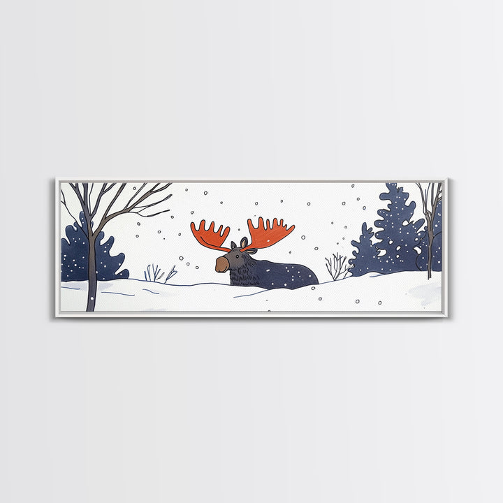 Whimsical Moose In Falling Snow Wall Art, Winter Animal Canvas Print, Cute Nursery Room Decor, Woodland Cabin Gift For Kids