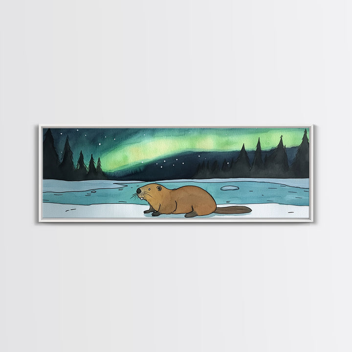 Beaver Beside Frozen Lake Wall Art, Northern Lights Canvas Print, Aurora Borealis Wildlife Decor, Kids Cabin Nursery Room Art