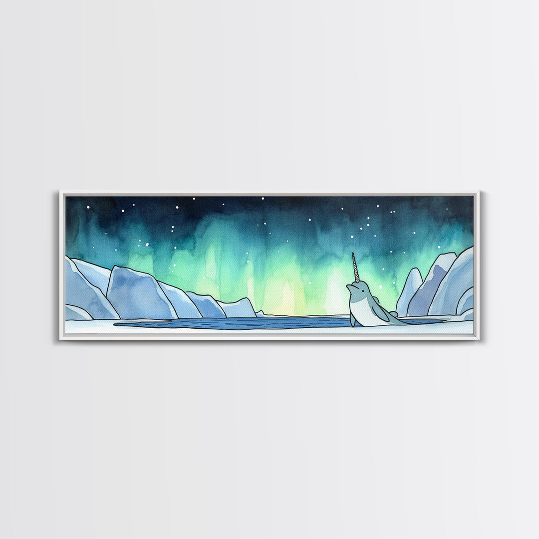 Narwhal In Icy Arctic Waters Wall Art, Northern Lights Ocean Print, Whimsical Nursery Decor, Coastal Kids Room Art Gift