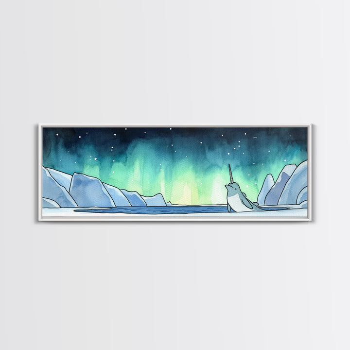 Narwhal In Icy Arctic Waters Wall Art, Northern Lights Ocean Print, Whimsical Nursery Decor, Coastal Kids Room Art Gift