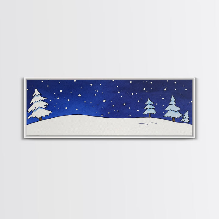 Snowy Pine Hill Under Starry Night Canvas Print, Minimal Winter Landscape, Nursery Wall Art, Cozy Bedroom Decor Gift Idea