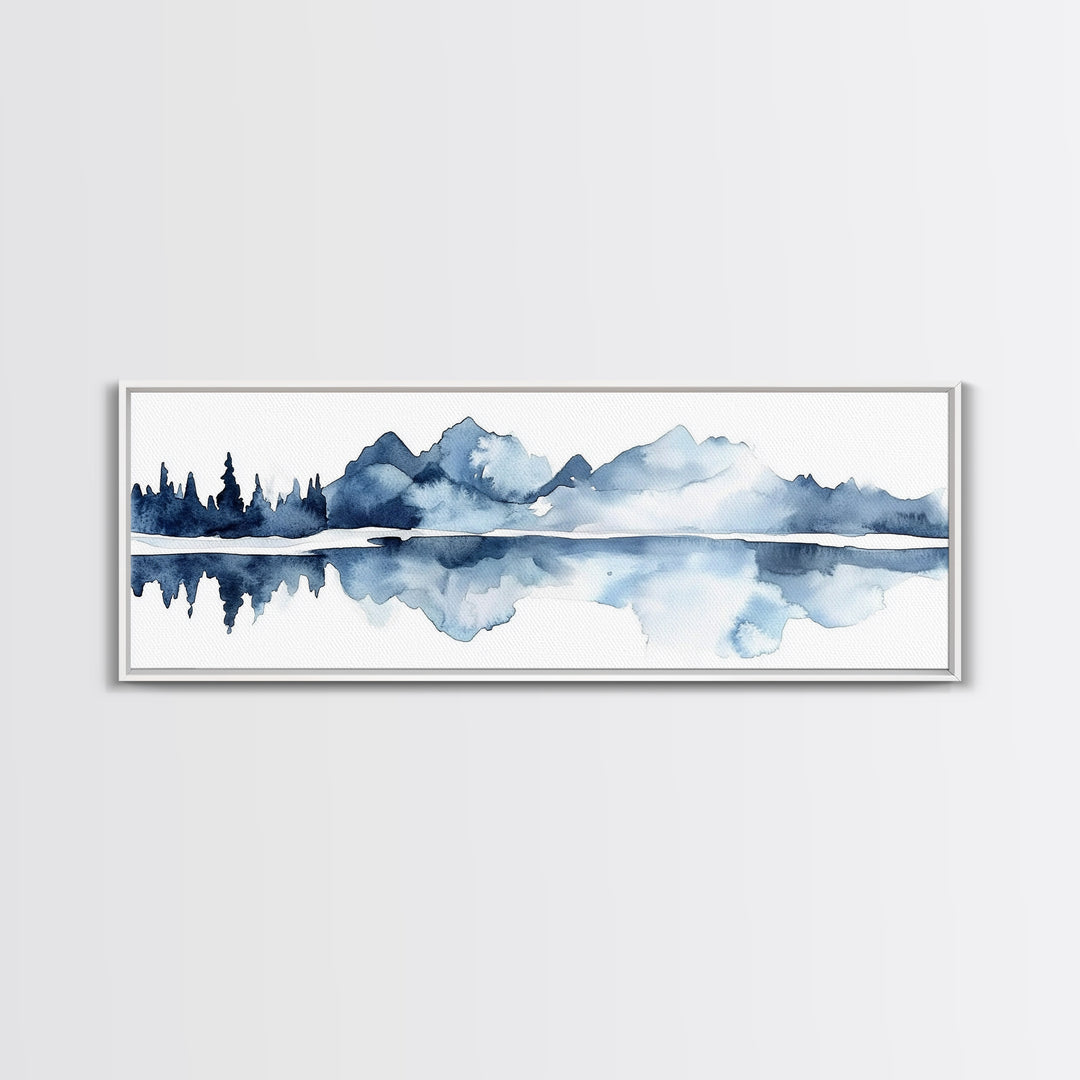 Blue Mountain Lake Reflection Canvas Print, Watercolor Landscape Wall Art, Modern Coastal Decor, Calm Living Room Art Print