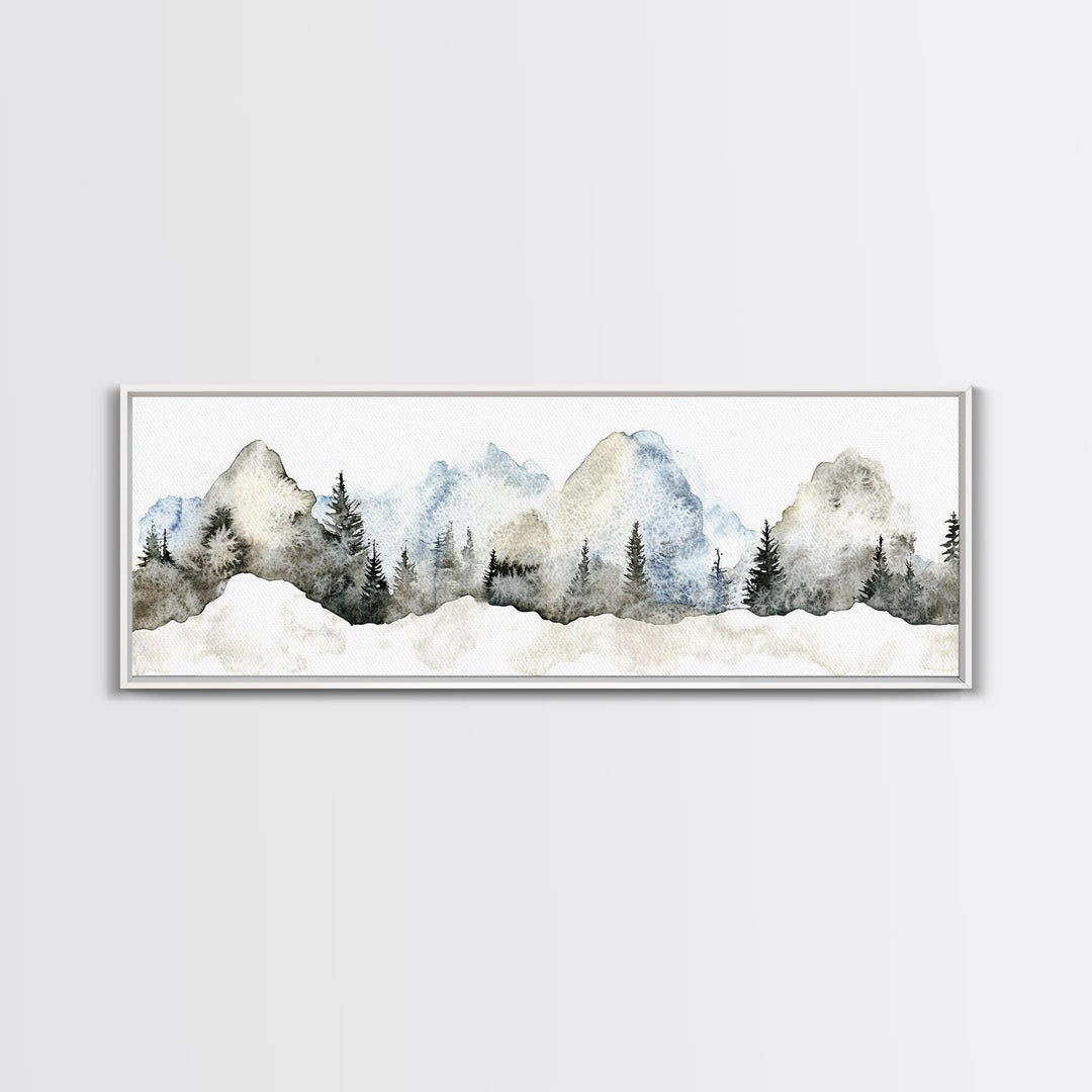 Misty Blue Mountains With Evergreen Pines Wall Art, Watercolor Landscape Print, Neutral Nature Decor, Japandi Bedroom Art