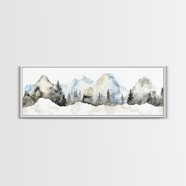 Misty Blue Mountains With Evergreen Pines Wall Art, Watercolor Landscape Print, Neutral Nature Decor, Japandi Bedroom Art