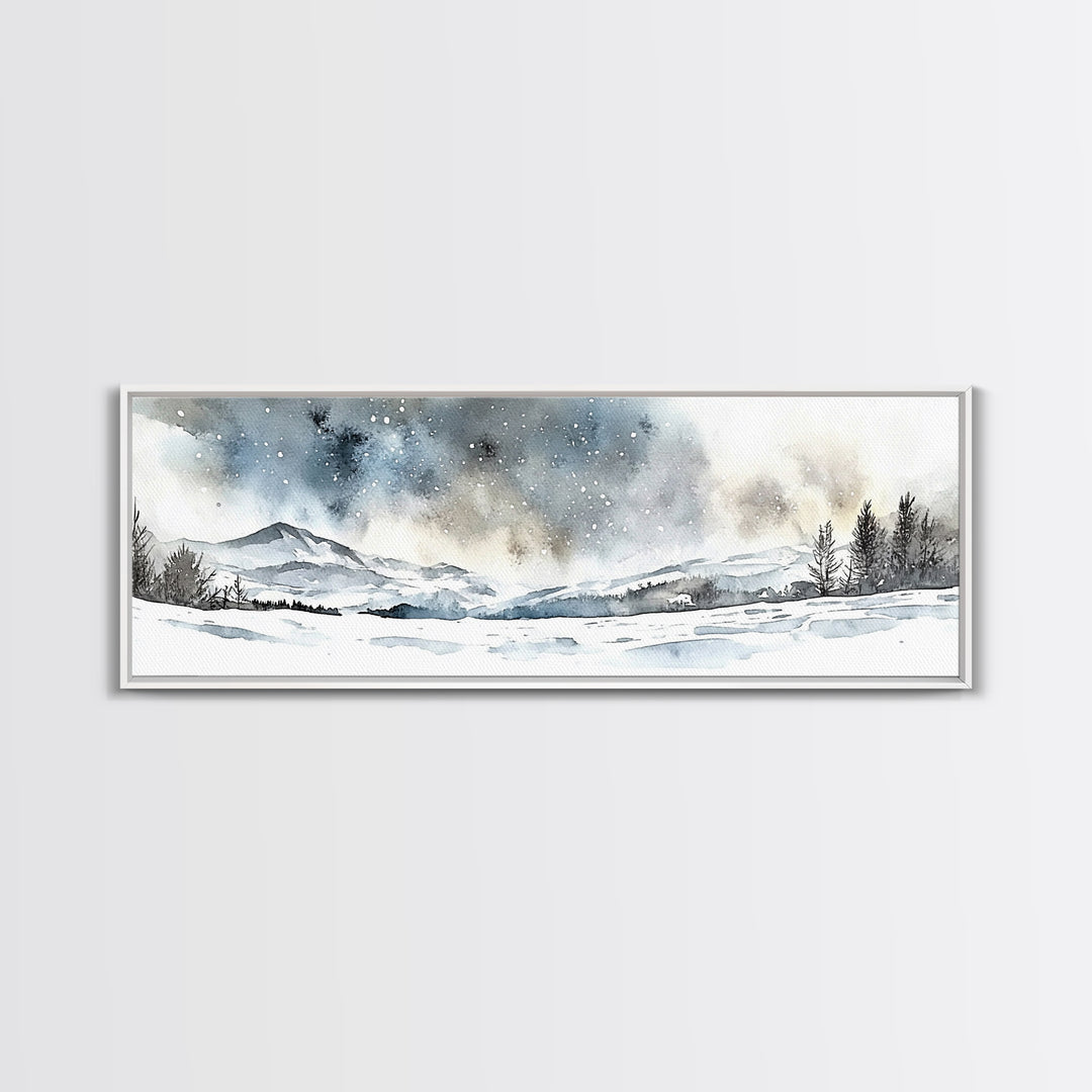Snowy Mountain Valley Beneath Starry Sky Wall Art, Winter Landscape Painting, Rustic Nature Decor, Cabin Wall Decor Gift