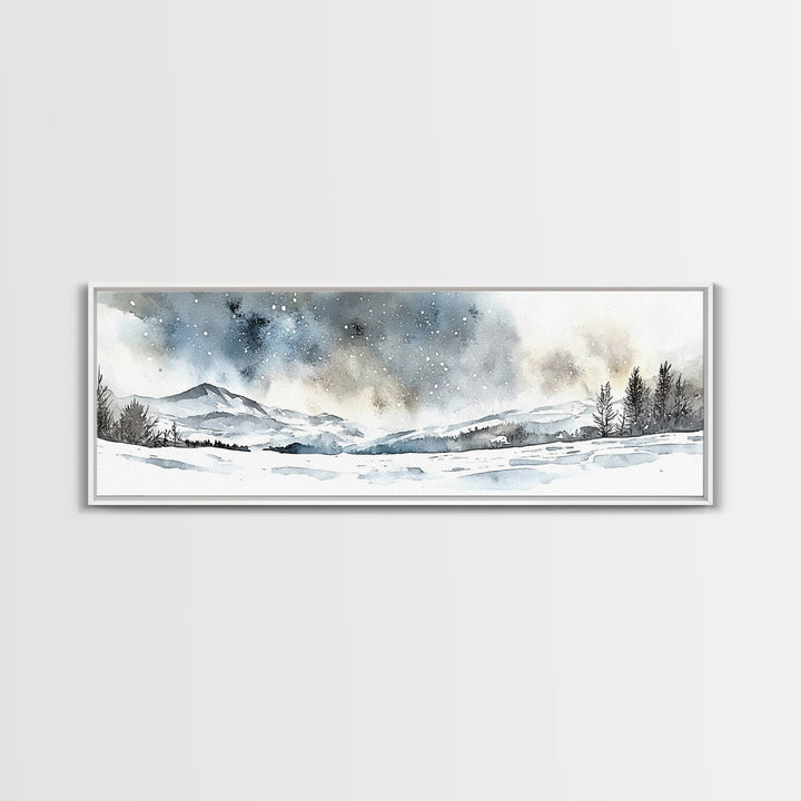 Snowy Mountain Valley Beneath Starry Sky Wall Art, Winter Landscape Painting, Rustic Nature Decor, Cabin Wall Decor Gift