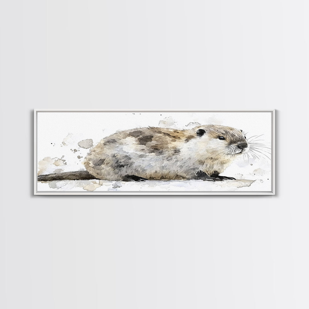 Cute River Otter In Snow Canvas Print, Watercolor Animal Art, Woodland Nursery Decor, Wildlife Wall Art, Housewarming Gift