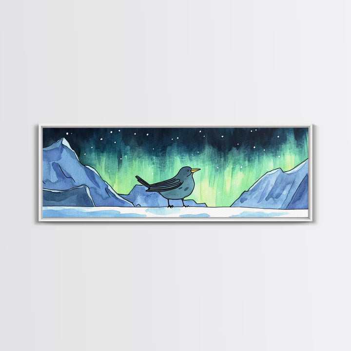 Aurora Bird On Snowy Arctic Mountains Canvas Print, Northern Lights Wall Art, Whimsical Animal Nursery Decor, Winter Gift
